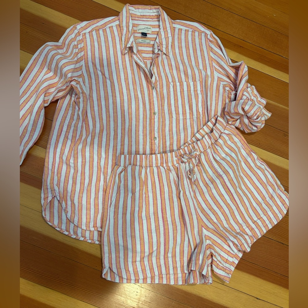 Universal Thread Pink and Orange Striped Shirt + Shorts Loungewear Set